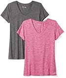 Amazon Essentials Damen Active Quick Dry Tech Stretch Kurzarm-T-Shirt mit V-Ausschnitt (in Übergröße erhältlich), 2er-Pack, Dunkelgrau Meliert Space-dye/Himbeerrot Space-dye, XXL
