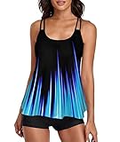 wihnsinop Tankini Damen Bauchweg Bademode Set Damen Freizeit Tankini Badeanzug Zweiteiler Tankini Set Sommer Elegant Badeanzüge für Damen Tankini Oberteil mit Badeshorts Schwarz Blau XL