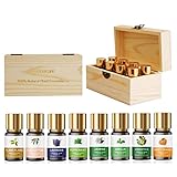 Ätherische Öle Set 8 x 10 ml, Holzkasten Geschenkbox 100% Naturrein Aromatherapie Öl Aromaöl Duftöle, Lavendel, Pfefferminze, Jasmin, Eukalyptus, Vanille, Osmanthus, Süße Orange, Ylang -ylang