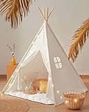 Tiny Land Tipi Zelt für Kinder, Drinnen Tipi Spielzelt für Kinder mit Gepolsterter Decke & Lichterkette &Aufbewahrungstasche, Segeltuch Kinderzelt, Spielhaus Kinder für Drinnen und Draussen