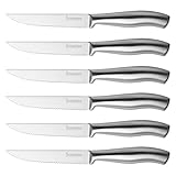 isheTao Steakmesser-Set, 6-teilig, Extra Scharfe Klinge, Wellenschliff, spülmaschinengeeignet, 12 cm, Rostfreier Stahl, Silber