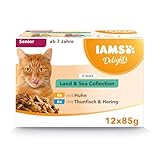 IAMS Delights Senior Katzenfutter Nass - Multipack mit Huhn und Fisch in Sauce, hochwertiges Nassfutter für ältere Katzen ab 7 Jahre, 12 x 85 g