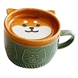 DECOMELODY Keramik Kaffeetasse mit Deckel Ergonomischer Griff Japanisches Katzen design Vielseitig für Kaffee Tee Milch Stabiler Stand als Geschenk für Freundin