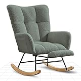 FLEXISPOT Schaukelstuhl mit Hoher Rückenlehne & Fußstütze – Moderner Schwingsessel mit Holzkufen, Gepolsterter Relaxsessel für Wohnzimmer & Schlafzimmer, Bis 120 kg Belastbar Grün