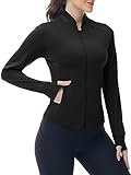 YSENTO Damen Sportjacke Laufjacke Funktionsjacke Wanderjacke Leicht Langarm Yoga Gym Sport Oberteil Atmungsaktive mit Daumenloch(Schwarz,S)