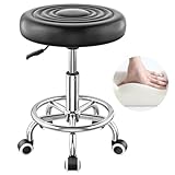 Professioneller Rollhocker, 360 ° drehbar, mit Fußstütze, Rollhocker mit Kissen aus PU-Leder, höhenverstellbarer Hocker mit Metallständer, für Wohnzimmer, Schwarz