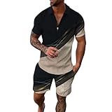 Jogging Komplett Herren Männlich Casual Gestreiften Gradienten Rampe Drucken Zwei Stück Reißverschluss Kurzarm Top Bluse Kordelzug Tasche Kurze Set Herrenweste Schwarz (Grey, XL)