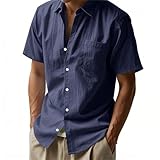 LOPILY Herren Kurzarmhemden aus Baumwolle und Leinen, lässig, leicht, Button-Down-Hemden, für Urlaub, Strand, Oberteile mit Hemd Mit Weste Und Krawatte Herren (Navy, XL)