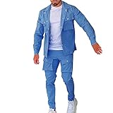 S Westen Herren Lässige Cargohose für Herren, Wanderhose, Trainingshose, Jogginghose, Umlegekragen, Hemd-Set für Herren Eleganter Jogginganzug Herren (Blue, L)