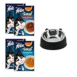 Happy Feeling Gifts 100ml Edelstahl Katzennapf gebündelt mit Felix Suppe Fisch und Bauernhof Auswahl - Komplettes Suppensortiment für ausgewachsene Katzen (24 x 48g)