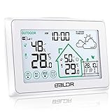 BALDR Wetterstation Funk mit Außensensor, Digital DCF-Funkuhr Innen und Außen Thermometer Hygrometer mit Wettervorhersage, Funkthermometer mit Batteriebetrieben Wetterstation, weiß