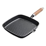 Pssopp Gusseisen-Steak-Grillpfanne, Antihaftbeschichtete Oberfläche, Perfekte Steaks, Gleichmäßige Erwärmung, Streifenmuster-Design, Holzgriff, Geeignet für das Kochen Im Innenbereich