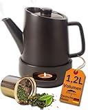 DEKAZIA® Keramik Teekanne mit Siebeinsatz und Stövchen Set - Großer Teapot für losen Tee, 1,2L Porzellan Kanne mit Edelstahl Filter und Teelicht Wärmer Schwarz Steingut