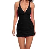 Mooncore Damen zweiteilig Badeanzug Tankini Set V-Ausschnitt Bademode Push Up Elegant Neckholder Badekleid Halter Swimsuit