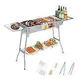 Holzkohlegrill Edelstahl XXL Kohlegrill Klappgrill Camping Grill Faltbar BBQ Charcoal Grill Picknickgrill Zweilagig mit Komplettes Zubehör für Camping Garden Backyard Picknick