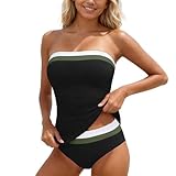 Generisch 2026 Kostüm Damen Trägerloser Tankini-Badeanzug mit gerafftem Bandeau-Oberteil, Zweiteiliger Badeanzug (Black1, XL)
