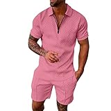 Herren Casual Striped Print Zweiteiler Reißverschluss Kragen Kurzarm Top Bluse Anzug Kordelzug Tasche Short Set Home Anzug Herren (Pink, XXL)