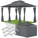 tectake® Luxus Pavillon 3x4, Gartenpavillon mit 6 Seitenteilen, wasserabweisend und UV-beständig, abgesetztes Dach, Pavillon inkl. Spannseile und Heringe, Partyzelt für Garten und Terrasse (Anthrazit)