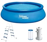 Summer Waves Quick Up Pool Komplettset | Rund 457x107 cm Blau | Aufstellpool Set | Gartenpool & Schwimmbecken inkl. Filterpumpe, Bodenvlies, Abdeckplane & Einstiegsleiter