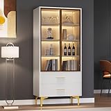 Rtopsu Vitrine Weiß Sideboard Standschrank mit LED-Beleuchtung, Vitrinenschrank Küchenschrank mit Glasstür & 2 Stauraum Schubladen, Glasvitrine Schrank für Wohnzimmer Schlafzimmer, 150x70x35 cm