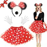 THTHEU Mini Maus Kostüm Damen, Kostüm Damen, Maus Ohren mit roter Schleife, Kostüm Erwachsene mit Mini Mouse Ohren Haarreif Rock Rot Nase Handschuhe Schwanz Schleife Minimaus Kostüme Damen