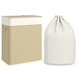 HOMCOM Doppelter Wäschekorb mit Deckel, 100L Bambus Wäschekorb mit Seilgriffen, Wäschekorb mit herausnehmbarem Einsatz für Badezimmer, Schlafzimmer, Cremeweiß