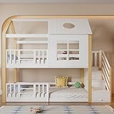 RIAZOS Kinderbett Etagenbett 90 x 200, Hausbett für 2 Kinder, Hochbett mit Lattenrost, Treppe und Rausfallschutz, Baumhaus Bett mit Fenster und Dach, Kiefer+MDF, Ohne Matratze