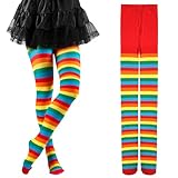 Cadimus Gestreifte Strumpfhose Damen,Rringel Leggings,Blickdichte Ringel Strümpfhose,Striped Tights，Perfekt für Halloween, Karneval oder Mottopartys– Regenbogenfarben