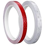 Prasacco 2 Rollen Reflektorband Selbstklebend, 10mm x 8m Reflektoren Aufkleber Selbstklebende Wasserdicht Reflektierendes Klebeband Reflektor Warnband für Straße Fahrräder Helme Motorrad (Rot, Weiß)