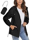 iWoo Regenjacke Damen Wasserdicht Atmungsaktiv Regenmantel Windbreaker Schwarz Dünne Packbar Outdoorjacke Regenjacken, Schwarz L