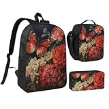 Atmungsaktiver Rucksack mit Blumen- und Schmetterlings-Aufdruck, 3-in-1-Lunch-Tasche, Stifteetui, bequemes Tragen von Snacks und Getränken
