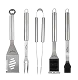 Jim Beam 5-teiliges Grillwerkzeug-Set aus Edelstahl – Grillpinsel, Zange, Backpinsel, Gabel und 4-in-1-Spatel mit extra Langen Griffen