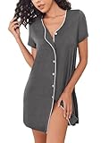 ADOME Nachthemd Damen Knopfleiste Schlafkleid V-Ausschcnitt Weich Umstandskleid Stillnachthemd Sleepshirt Sommer Nachthemden Kurzarm Dunkelgrau M