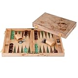 Engelhart-250551 – Backgammon Holz 18 Zoll (45,5 cm) Luxus Koffer Maserholz Walnuss-Inlay – Offen 52 × 45,5 cm – Grün/Braune Steine – Würfel & Becher – Traditionelles Brettspiel
