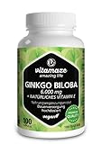Ginkgo Biloba Kapseln hochdosiert 6000 mg vegan Gingko Biloba Extrakt 50:1, 100 Kapseln für 100 Tage Dauerversorgung, Nahrungsergänzung ohne Zusätze, Made in Germany