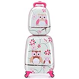 COSTWAY 2tlg Kinderkoffer + Rucksack, Kindertrolley aus Kunststoff, Kindergepäck, Kinder Kofferset Handgepäck Reisegepäck Hartschalenkoffer für Jungen und Mädchen (Rosa Eule, 12'+16')
