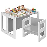 Yorbay Tisch und Stuhl Set für Kinder Kinderschreibtisch mit 1 Hockern, Kindersitzgruppe 3 in 1-Wendehocker & zum Kinderarbeitsplatz umwandelbarer Kinderbank, Kindermöbel 61,5 x 50 x 46 (Grau, L)