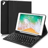 YUEJIDZ Tastatur Hülle für iPad 9.7 2018 (6. Generation)/5. Generation 2017, iPad Air 2 & 1, Magnetisch Kabellos QWERTZ Deutsch mit Stifthalter, Schwarz