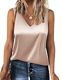 Zeagoo Damen Sommer Casual Satin Tank Tops V-Ausschnitt Ärmellose Blusen Lockere Seidenbluse Oberteile Tunika Shirts Champagner L