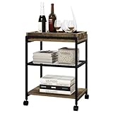 WOLTU Beistelltisch Couchtisch Sofatisch Nachttisch, mit Rollen, feststellbar, 3 Ablagen 1 abnehmbares Tablett, aus Metall und Holzwerkstoff, Vintage-Holzoptik + Schwarzer Metallrahmen, BTS09hov