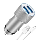 LUOSIKE Zigarettenanzünder USB Adapter mit iPhone Ladekabel, 5V/2,4A 2-Port Kfz Ladegerät und 1m Lightning Kabel, 12V/24V Steckdose für Auto, Kompatibel mit iPhone, Dash Cam und andere Geräte im Auto