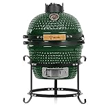 BBQ-Toro Kamado Grill Holzkohlegrill Haiiro Ø 32 cm | Grün | Mini Holzkohlegrill mit Thermometer & Holzgriffen | Keramikgrill rund | Ceramic Grill Ei, Smoker, BBQ Grillofen, Kamado BBQ