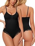 SURE YOU LIKE Shapewear Damen Bodysuit Figurformender Bauchweg Stark Formend Body Shaper Bodysuit Spitzen Shapewear String Bodysuit Miederbody Tanga Unterwäsche, Schwarz, L