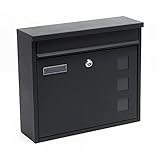 Wiltec Briefkasten V12 Anthrazit 360 x 115 x 320 mm, Wandbriefkasten mit Schloss, Sichtfenstern und Namensschild, Postkasten aus Stahl galvanisiert