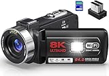 Videokamera 8K 64MP Camcorder 18X Digital Zoom IR-Nachtsicht Videokamera für YouTube 3,0 Zoll Touchscreen Vlogging-Kamera mit 32 GB SD-Karte, 2,4 G-Fernbedienung, Batterien und Externem Mikrofon