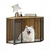 EUGAD Eck-Hundebox, Eck-Hundekäfig Möbel mit Kissen,Hundebox Holz mit Abschließbarer Tür, Haustierbox für den Innenbereich, Hundekäfig Zuhause für große kleine mittelgroße Hunde 111x67x60cm