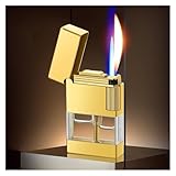 Doppelflammiges, transparentes, gerades, offenes Flammenfeuerzeug, winddicht mit sichtbarem, transparentem Luftfenster, altmodisches, umschaltbares Schleifrad-Gasfeuerzeug mit weicher/Jet-Flamme, Meta