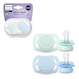 Philips AVENT Ultra Start Schnuller, kiefergerecht geformter Schnuller für Neugeborene, BPA-frei, mit Sterilisations-,Transportbehälter, Doppelpack, grün,blau, Modell SCF075/02