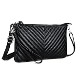 befen Echtleder Damen Umhängetasche Clutch Schwarz, Klein Handtasche Damen mit Schultergurt für Weihnachten, Handtasche Schwarz Damen Klein mit Handgelenkschlaufe,V-Muster Schwarz