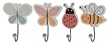 Spetebo Kinder Kleiderhaken mit Tier Motiven - 4er Set - Wandgarderoben Haken aus Holz - Kindergarderobe Garderobenhaken Wand Garderobe Schmetterling Biene Marienkäfer